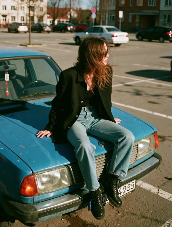 Grin35, Woman Sitting On The Hood Of An Old Blue Sedan In An...