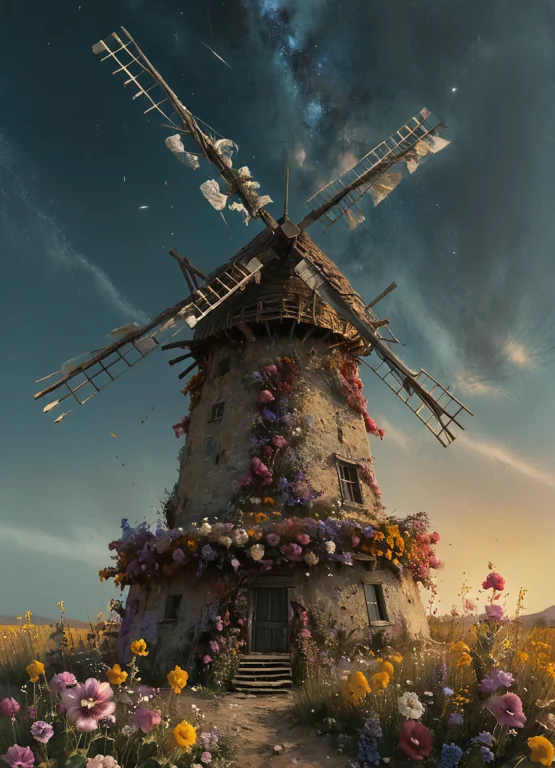 Action,old Windmill,wind,flowers,side Shot1.3,bottom View,on...