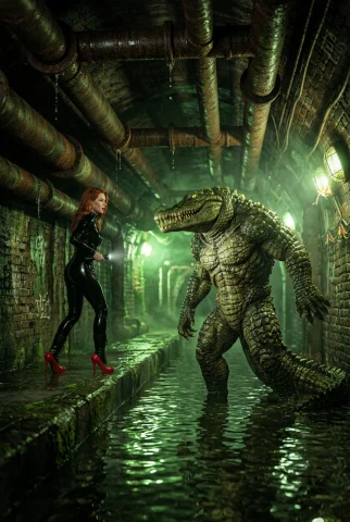 A Striking Red-haired Woman Encounters A Massive Humanoid Cr... — Stable Diffusion AI Prompt: A striking red-haired woman encounters a massive humanoid crocodilian creature d...