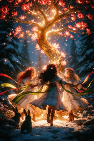 Magical Snowforest Dance Illustration — Stable Diffusion AI Prompt: ta86_inkriot, thin black outlines, A magical ethereal illustration of three youn...