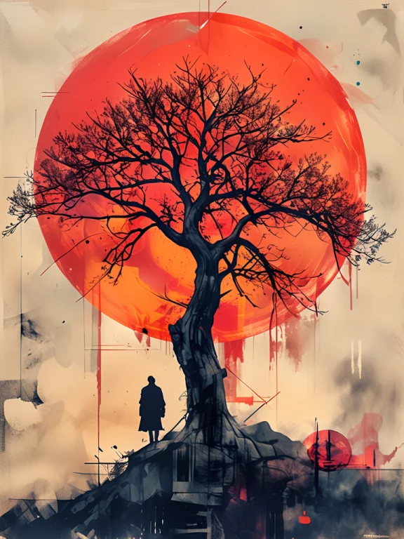 Painting Of A Man With A Tree In Front Of A Red Sun, Inspire...