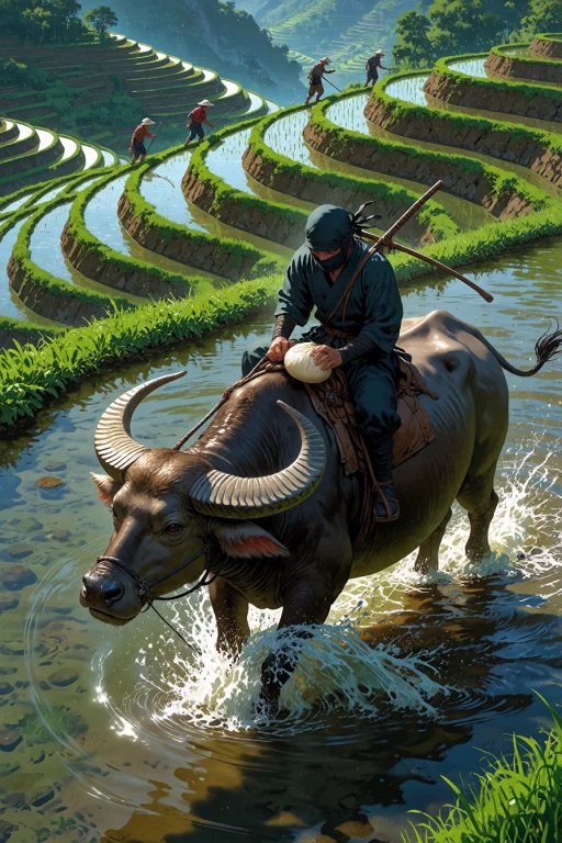 , Ninja Riding A Water Buffalo Through A Flooded Rice Terrac...