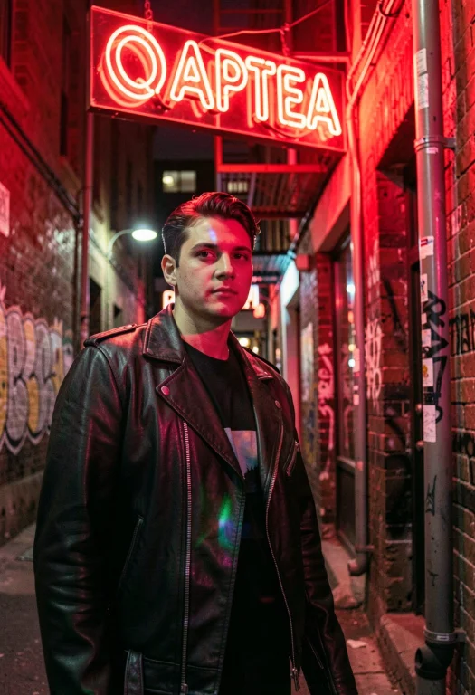 A Leather Jacket Lit By Red Neon In An Alley, Iridescent Lig...