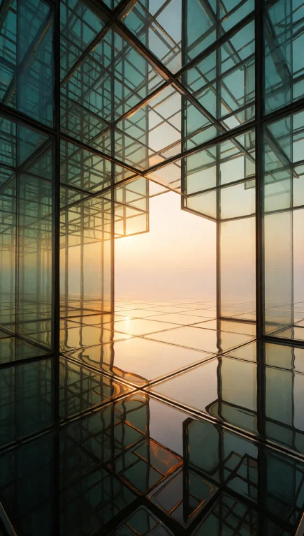 112. Floating Glass Sanctuary, Geometric Grid Lattice, Soft...