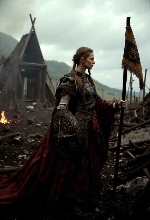 A Portrait Of A Viking Shieldmaiden Standing Amidst The Ruin...