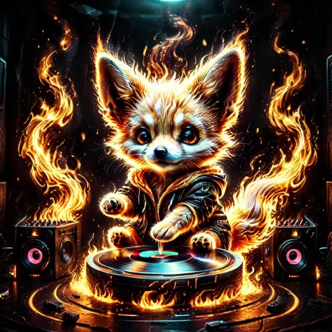 Stunning Fennec DJ Art Prompt — SDXL AI Prompt: A stunning, hyper-detailed fantasy art piece of a cute baby Fennec Fox with huge...