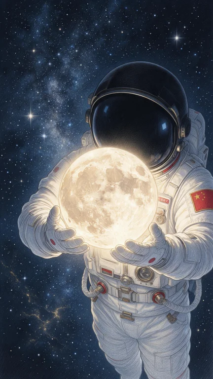 一位中国宇航员的浪漫科幻肖像,高机位俯视视角,完整呈现宇航员...