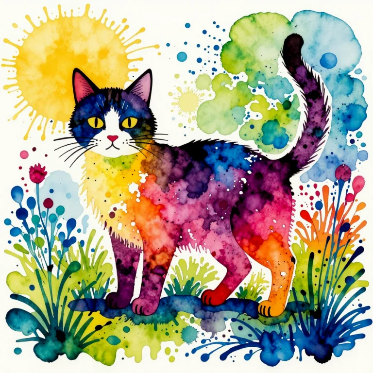A Wet Ink Painting. Vivid Colors. A Cat Created From Splashe...