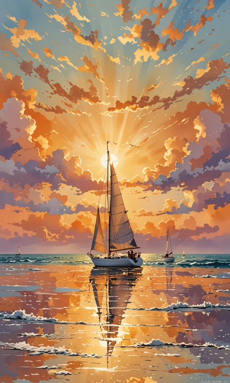 Watercolor Painting Sunset, High Tide, Golden Sand, Calm Sea...