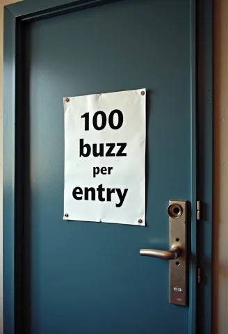 A Locked Door With A White Sign That Reads 100 Buzz Per Entr... — FLUX AI Prompt: a locked door with a white sign that reads "100 buzz per entry"