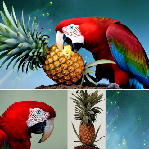 Use Picture 1, Picture 2 And Picture 3 As References. Pictur... — Stable Diffusion AI Prompt: Use , and as references. shows a parrot . shows a pineapple . is the backgr...