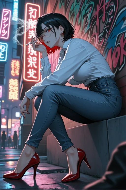 1girl, Cigarette, Holding Cigarette, Pants, Solo, Sitting, H...