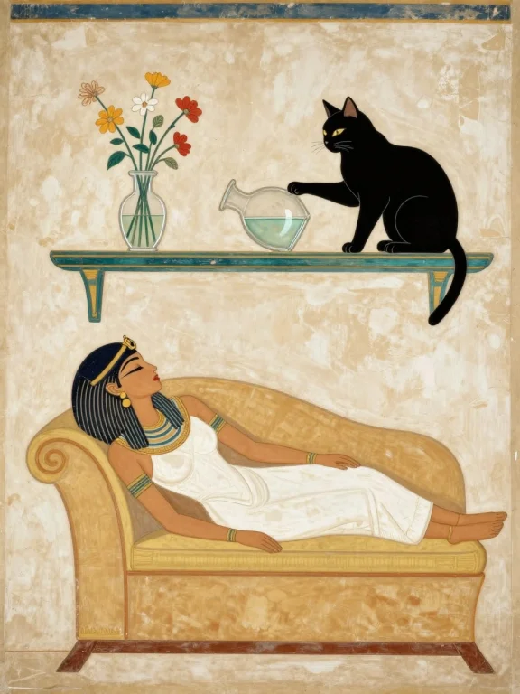 Style Ancient Egyptian Drawing On Wall, Woman Sleeping On So...