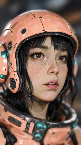 Vrglhstx, 1girl, Solo, Brown Eyes, Parted Lips, Peach Helmet... — Stable Diffusion AI Prompt: vrglh_stx, 1girl, solo, brown eyes, parted lips, peach helmet, freckles, black h...