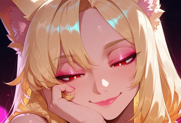 1girl, Neon Blonde Hair, Messy Hair, Slanted Eyes, Red Eyes,...