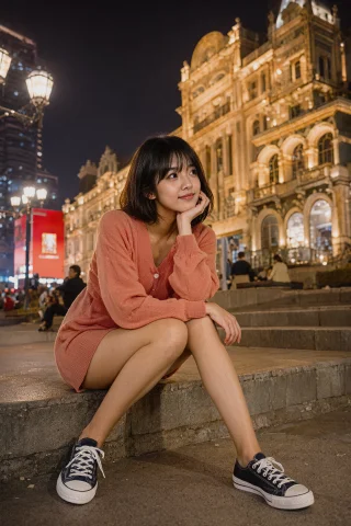 年轻女性都市夜景 — Stable Diffusion AI Prompt: {"rewritten_prompt": "20岁左右的年轻的中国女性，坐在一处宽阔的石质台阶边缘，她留...