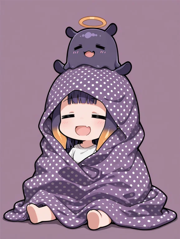 Ninomae Inanis, Chibi, , Smile, Purple Blanket, Simple Backg...