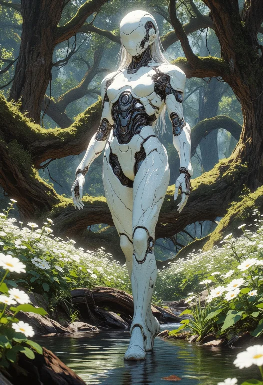 A Sleek, Futuristic Female Android Walking Through A Mystica...