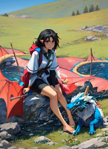Stable Diffusion Girl with Dragon Fire — Stable Diffusion AI Prompt: 1girl, looking at the viewer, dragon, fire, mountain