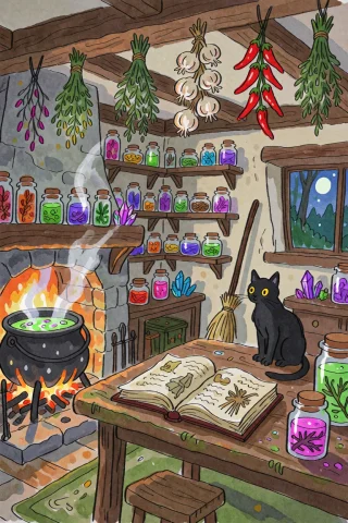 This Watercolor Image Reveals The Cluttered, Warm Interior O... — Stable Diffusion AI Prompt: This Watercolor image reveals the cluttered, warm interior of a witch's cottage....