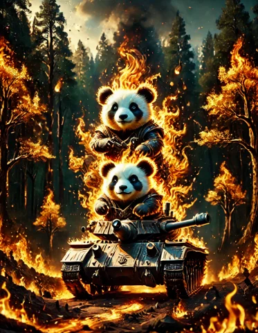 Army Pandas On Tanks Driving Into Battle In A Forest Flamest... — SDXL AI Prompt: army pandas on tanks driving into battle in a forest flamestyle, all made of fir...