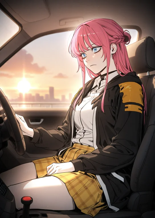 1girl, Solo, Hands Resting On A Steering Wheel, Looking Side...