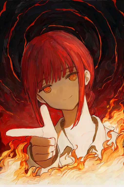 1girl, Makima Chainsaw Man, Red Background, Dark Theme, Smil...