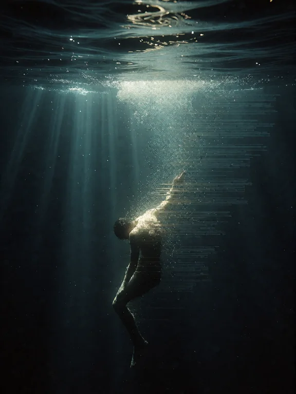 A Solitary Human Figure Slowly Descending Through A Vast Dar...