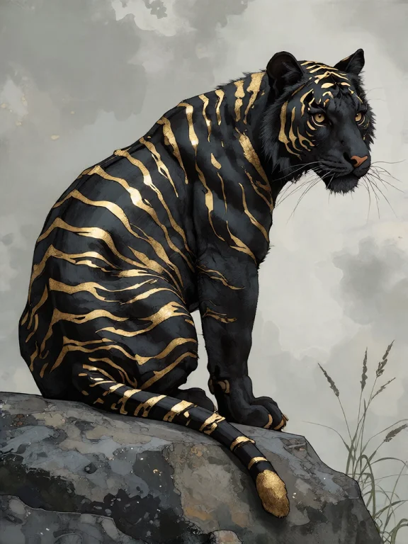 Bradhamel Art Style. A Majestic Black Tiger With Shimmering...
