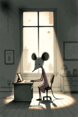 Strangedaal. A Macro View On A Dimly Lit Miniature Office Ro... — Stable Diffusion AI Prompt: StrangeDaal. A macro view on a dimly lit miniature office room, where the chibi...