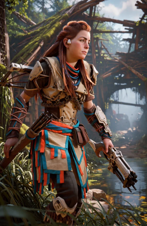 Aloy. This Is A Detailed Digital Artwork Depicting A Young W...
