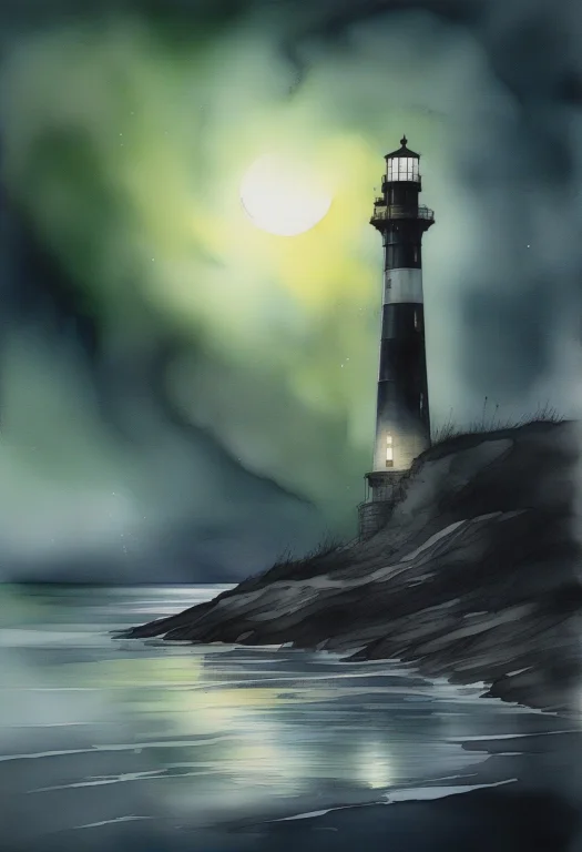 A Lighthouse Gone Dark On A Moonless Coast, Watercolor Paint...