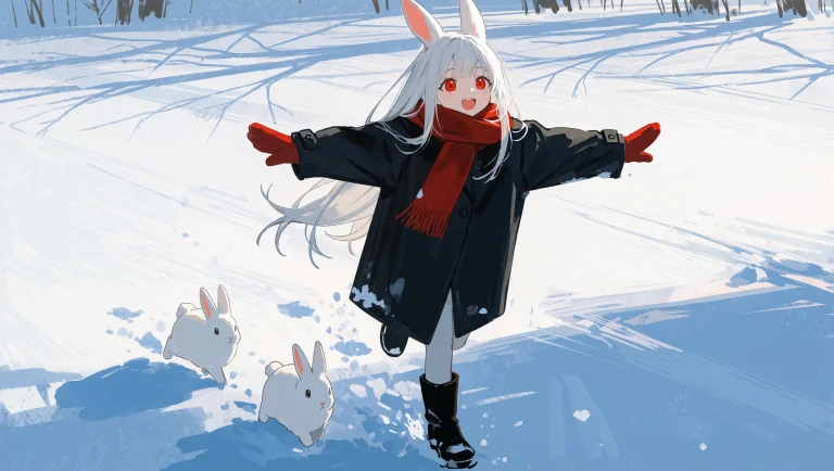 A Girl With Long White Hair, Red Eyes, And White Rabbit Ears...