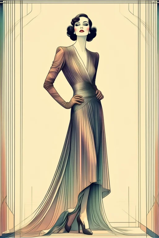 A Color Art Deco Drawing. An Elegant Fashion Model, Posing I...