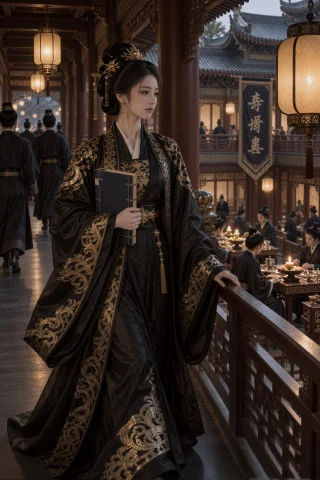 古装，夜间酒楼二层回廊上，一名年轻中国女子穿黑金礼服缓步前行... — Stable Diffusion AI Prompt: 古装，夜间酒楼二层回廊上，一名年轻中国女子穿黑金礼服缓步前行，左手抱一册深色书卷...