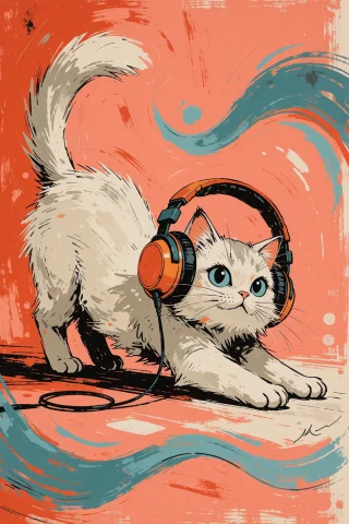 Playful Painted Illustration Of A Fluffy White Cat In Oversi... — Stable Diffusion AI Prompt: Playful painted illustration of a fluffy white cat in oversized orange headphone...