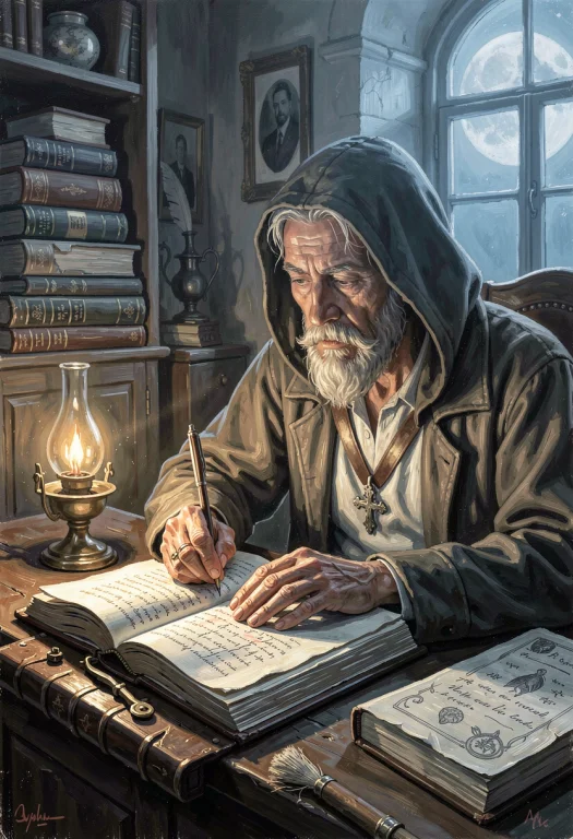 A Scribe Copying Manuscripts By Oil Lamp, Acrylic Painting,...