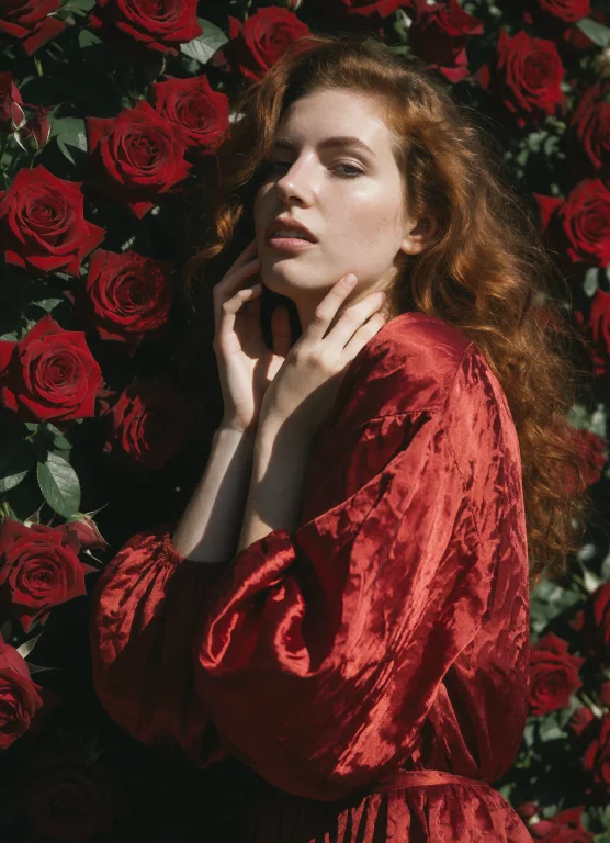 A Striking Young Woman With Voluminous Wavy Auburn Hair Lean...