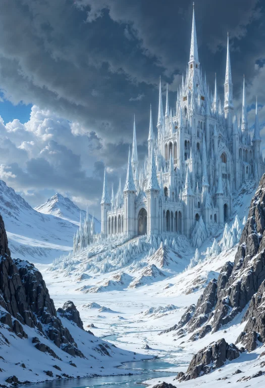 A Vast, Icy Landscape Dominated By A Grand, Frozen Castle. T...