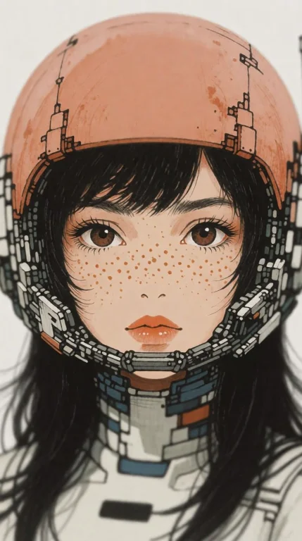 1girl, Solo, Brown Eyes, Parted Lips, Peach Helmet, Freckles...