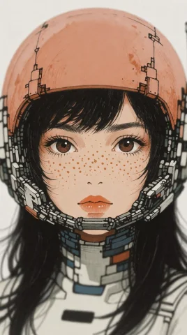1girl, Solo, Brown Eyes, Parted Lips, Peach Helmet, Freckles... — Stable Diffusion AI Prompt: 1girl, solo, brown eyes, parted lips, peach helmet, freckles, black hair, blurry...