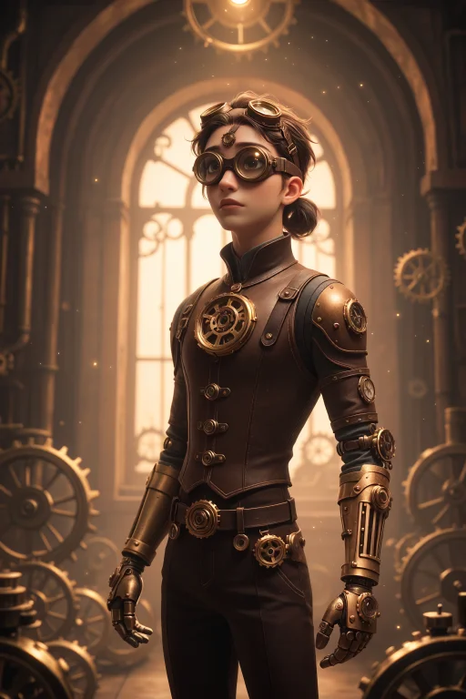 Male Inventor, Solo, Steampunk Aesthetic, Brass Goggles On F...