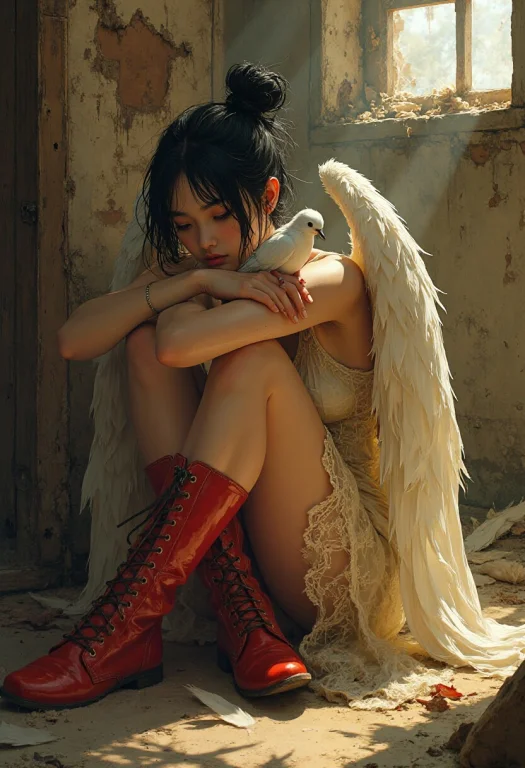 Cinematic Dark Fantasy Portrait Of A Young Winged Woman Sitt...