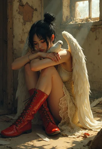 Cinematic Dark Fantasy Portrait Of A Young Winged Woman Sitt... — FLUX AI Prompt: Cinematic dark fantasy portrait of a young winged woman sitting curled up on the...