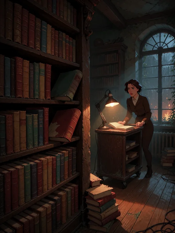 An Old Librarys Fiction Section After Hours, A Single Lamp O...