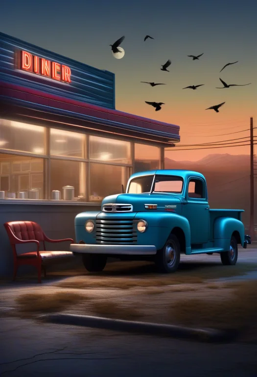 An Old Pickup Truck Parked By A Diner At Dusk, Matte Paintin...