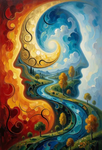 Surrealist Digital Oil Painting, Dual Profile Silhouettes Fa... — Stable Diffusion AI Prompt: Surrealist digital oil painting, dual profile silhouettes facing each other in a...