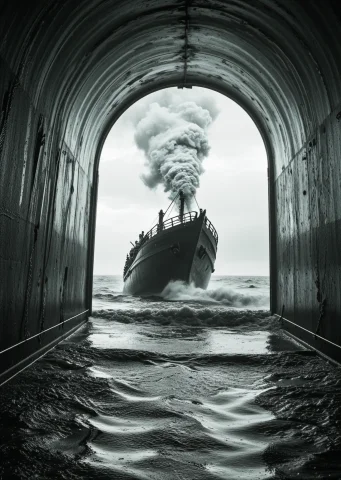A Large Victorian Whalingboat Desperately Navigates A Miracu... — SDXL AI Prompt: a large victorian whalingboat desperately navigates a miraculously narrow, preca...