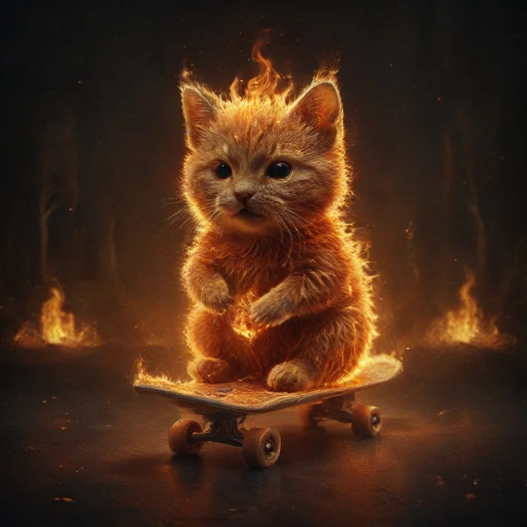 A Very Cute Cat Made Entirely Of Flame, Riding A Skateboard...