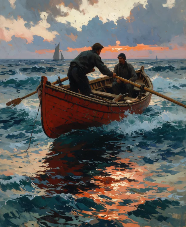 A Painting Of A Small Wooden Rowboat, Dark Red-orange Hull,...